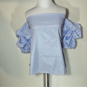 Cotton Bleu Women’s Off the Shoulder Blue and White Stripped Babydoll Blouse Top